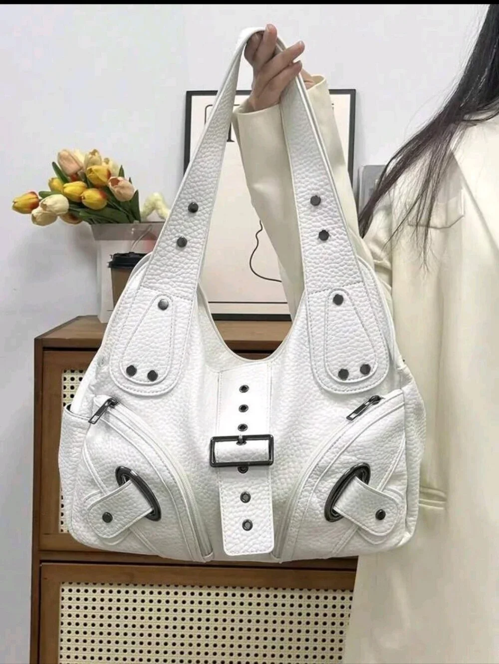 White Women's Structured Leather Tote Bag